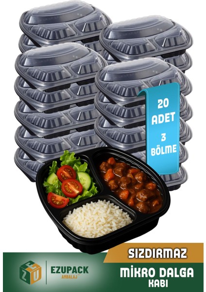 20 Adet Sızdırmaz 3 Üç Göz Paket Servis Yemek Kabı Mikrodalga Derindorucu Dayanıklı Yıkanabilir