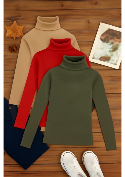 3'lü Paket Kadın Basic Tam Balıkçı Yaka Kazak