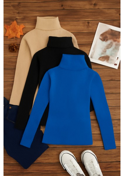 3'lü Paket Kadın Basic Tam Balıkçı Yaka Kazak