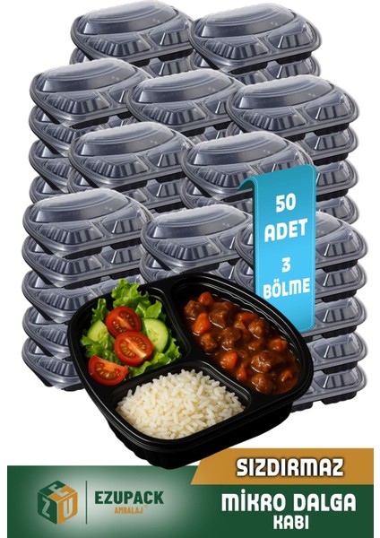 50 Adet Sızdırmaz 3 Üç Göz Paket Servis Yemek Kabı Mikrodalga Derindorucu Dayanıklı Yıkanabilir