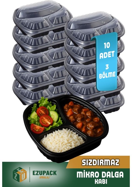 10 Adet Sızdırmaz 3 Üç Göz Paket Servis Yemek Kabı Mikrodalga Derindorucu Dayanıklı Yıkanabilir