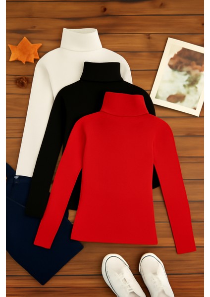 3'lü Paket Kadın Basic Tam Balıkçı Yaka Kazak