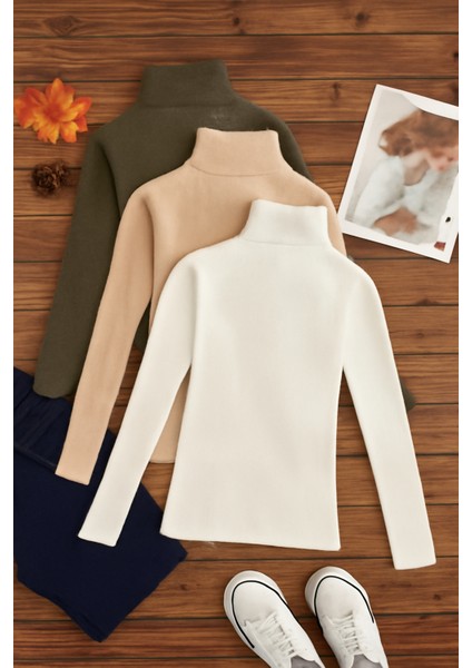 3'lü Paket Kadın Basic Tam Balıkçı Yaka Kazak