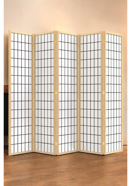 Doğal Ahşap Japon Stil Çizgisel Bej Paravan Seperatör Oda Bölme