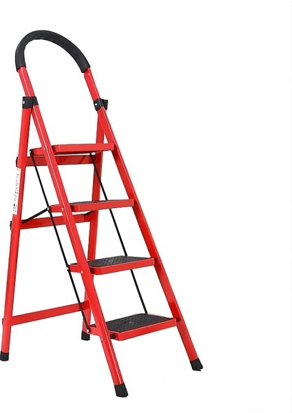 Metal 4 Basamaklı Katlanır Merdiven | Kaymaz Yüzeyli Basamaklı Ev Tipi 150 kg Taşıma Kapasiteli Kırmızı