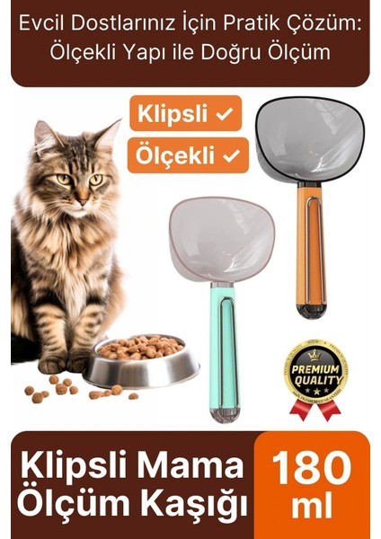 Çok Amaçlı Klipsli Ölçekli Şeffaf Başlıklı 180ML Kapasiteli Kedi Köpek Mama Ölçüm Kaşığı Küreği