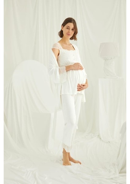 Monamise Dantelli Önü Düğmeli Hamile Lohusa 3'lü Pijama Takımı