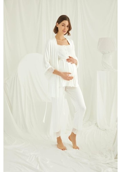 Monamise Dantelli Önü Düğmeli Hamile Lohusa 3'lü Pijama Takımı fiyatları