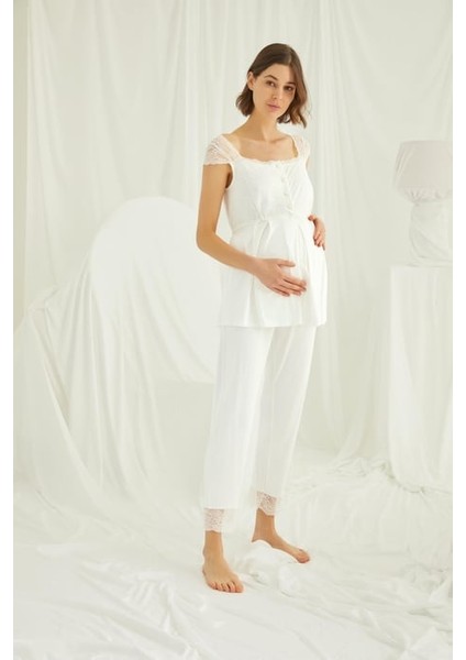 Monamise Dantelli Önü Düğmeli Hamile Lohusa 3'lü Pijama Takımı