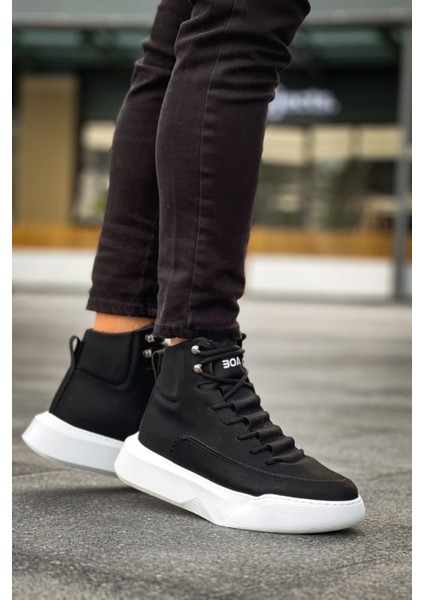 BA0321 Gizli Bağcıklı Erkek Yüksek Taban Siyah Beyaz Spor Bot modelleri