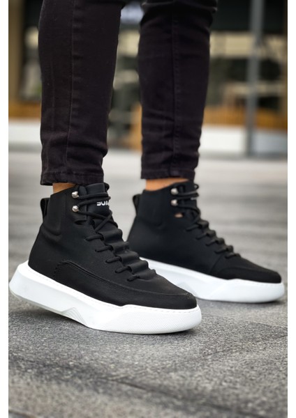 BA0321 Gizli Bağcıklı Erkek Yüksek Taban Siyah Beyaz Spor Bot indirimleri
