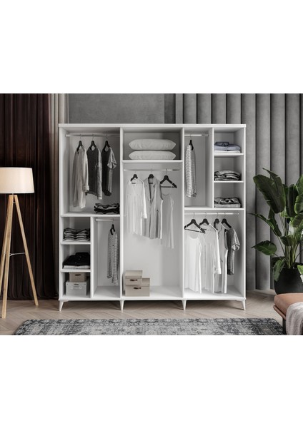 6 Kapaklı Beyaz Kare Desenli Mdf Gardırop modelleri