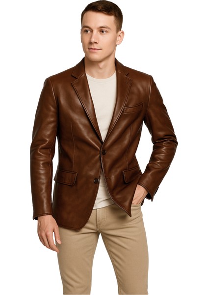 Diego Hakiki Deri Erkek Taba/Kahve Blazer Ceket