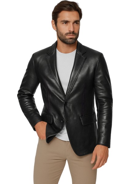 Diego Hakiki Deri Erkek Siyah Blazer Ceket