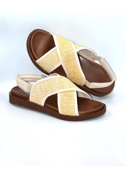 Kadın Bej Hasır Desen Lastikli Günlük Şık Terlik Sandalet indirimleri