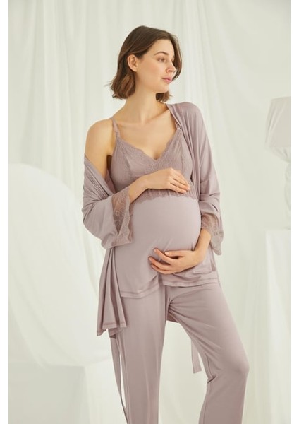 Monamise Dantelli Hamile Lohusa 3'lü Pijama Takımı