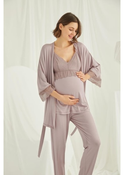 Monamise Dantelli Hamile Lohusa 3'lü Pijama Takımı