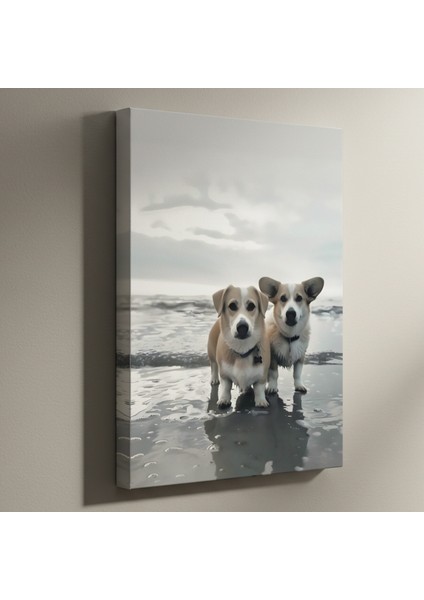 Plajda Eğlenen Corgi Kardeşler Tablosu