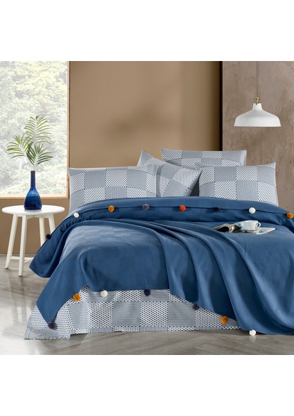 | %100 Pamuk Indigo Ponponlu Çift Kişilik Pike Takımı 3 Parça (Pike,çarşaf,yastık Kılıfı)