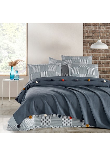 | %100 Pamuk Antrasit Ponponlu Çift Kişilik Pike Takımı 3 Parça (Pike,çarşaf,yastık Kılıfı)