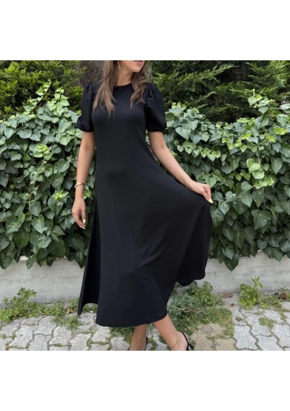 Kadın Kısa Balon Kollu Bisiklet Yaka Geniş Kesim Janjan Krep Elbise