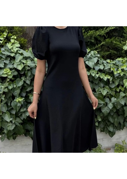 Kadın Kısa Balon Kollu Bisiklet Yaka Geniş Kesim Janjan Krep Elbise fiyatları