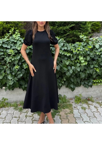 Kadın Kısa Balon Kollu Bisiklet Yaka Geniş Kesim Janjan Krep Elbise fırsatları