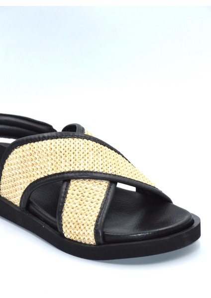 Kadın Siyah Hasır Desen Lastikli Günlük Şık Terlik Sandalet modelleri