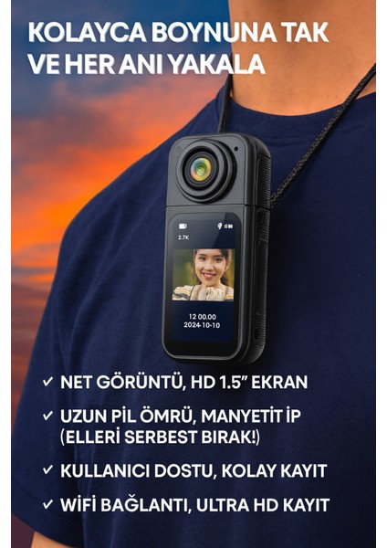 2.7k UHD Başparmak Aksiyon Kamerası – 1.5'' Ekranlı, 180° Ayarlanabilir Lens, Wifi Uygulama Kontrollü, Giyilebilir Gövde Kamera (Seyahat & Iş Için - Siyah)" modelleri