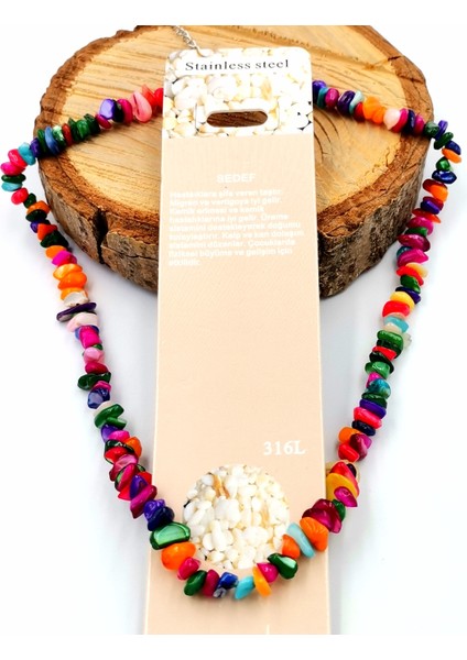 'sedef'' Doğal Taş Çelik Zincirli Lüks Kolye