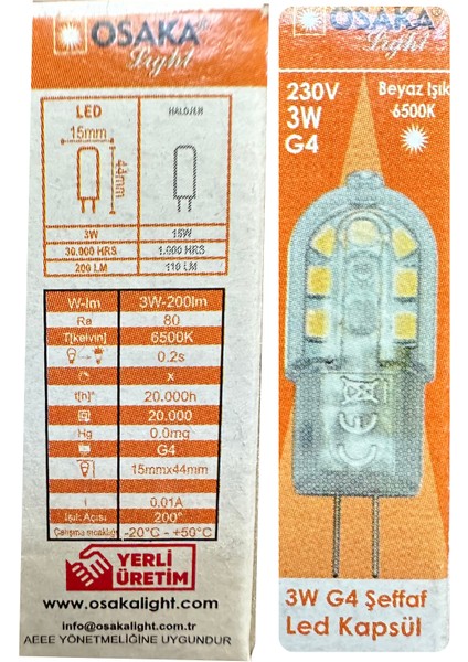 (4 adet) Osaka 3W Beyaz Işık (6500K) G4 Duylu (Iğne Bacak) LED Kapsül Ampul modelleri