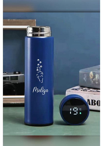 Kişiye Özel 500ML Dijital Göstergeli 304 Çelik Kedi Baskılı Akıllı Termos - Isı Korumalı Şişe