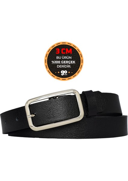 %100 Hakiki Deri, Gümüş Tokalı Siyah 3 cm Kadın Kemeri, Pantolon Kemeri, Şort Kemeri 3CMKDN50