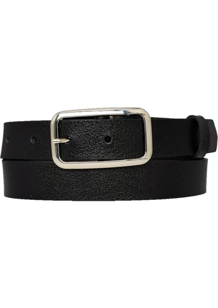 %100 Hakiki Deri, Gümüş Tokalı Siyah 3 cm Kadın Kemeri, Pantolon Kemeri, Şort Kemeri 3CMKDN50