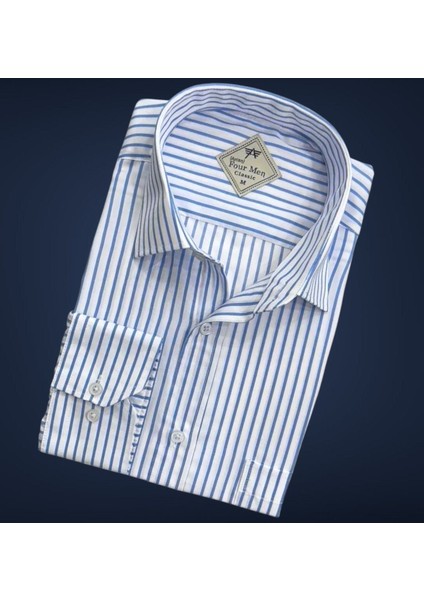 Erkek Klasik Geniş Rahat Kesim Cepli Çizgili Uzun Kollu Pamuk Gömlek