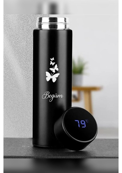 Kişiye Özel 500ML Dijital Göstergeli 304 Çelik Kelebek Baskılı Akıllı Termos - Isı Korumalı Şişe