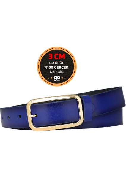 %100 Hakiki Deri, Gold Renk Tokalı Parlement Mavi 3 cm Kadın Kemeri, Pantolon Kemeri, 3CMKDN50