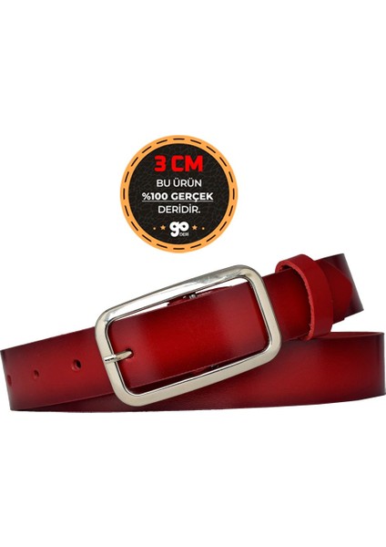 %100 Hakiki Deri, Gümüş Tokalı Kırmızı 3 cm Kadın Kemeri, Pantolon Kemeri, Şort Kemeri 3CMKDN50