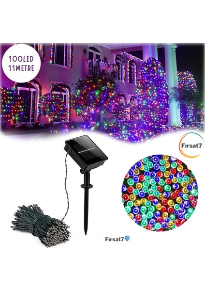 Solar 100 Ledli Rgb Işık 11 Metre Bahçe Aydınlatma Iç ve Dış Mekan Dekorasyon Güneş Enerjili LED