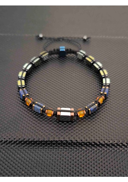 Baltık Damla Kehribar-Küp Lapis Lazuli -Renkli Küp Hematit Doğaltaş Bileklik Takı Aksesuar Erkek Bileklik