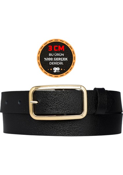 %100 Hakiki Deri, Gold Renk Tokalı Siyah 3 cm Kadın Kemeri, Pantolon Kemeri, Şort Kemeri 3CMKDN50