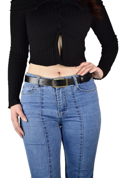 %100 Hakiki Deri, Gold Renk Tokalı Siyah 3 cm Kadın Kemeri, Pantolon Kemeri, Şort Kemeri 3CMKDN50 fırsatları