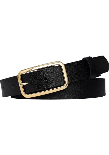 %100 Hakiki Deri, Gold Renk Tokalı Siyah 3 cm Kadın Kemeri, Pantolon Kemeri, Şort Kemeri 3CMKDN50