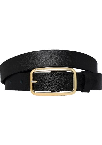%100 Hakiki Deri, Gold Renk Tokalı Siyah 3 cm Kadın Kemeri, Pantolon Kemeri, Şort Kemeri 3CMKDN50