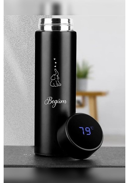 Kişiye Özel 500ML Dijital Göstergeli 304 Çelik Fil Baskılı Akıllı Termos - Isı Korumalı Şişe