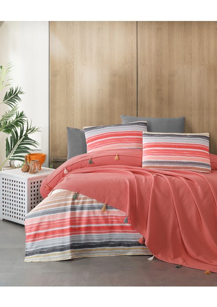 | %100 Pamuklu Valeria Tassel Çift Kişilik Püsküllü Kiremit Pike Takımı(Çarşaf,pike,yastık Kılıfı)