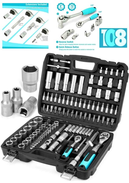 108 Parçalı Soket Takımı, 1/2" ve 1/4" Ters Çevrilebilir Cırcır, Uzatmalar, Uçlar, Soketler, Krom Vanadyum Çelik, Araba Tamiri Için Kutu Dahil