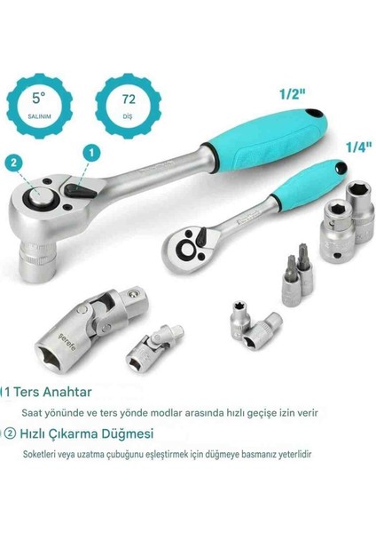 108 Parçalı Soket Takımı, 1/2" ve 1/4" Ters Çevrilebilir Cırcır, Uzatmalar, Uçlar, Soketler, Krom Vanadyum Çelik, Araba Tamiri Için Kutu Dahil fiyatları