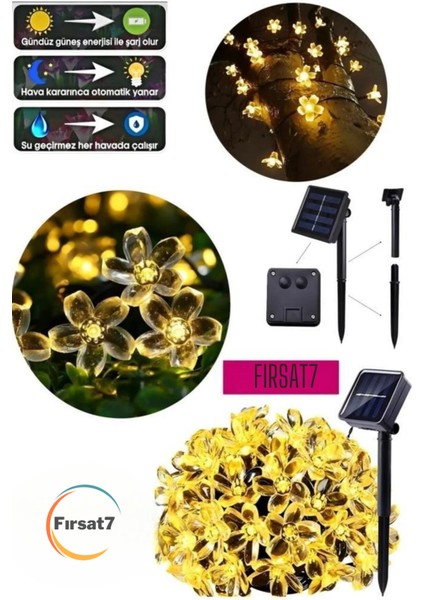 7metre 30 LED Çiçek Solar Lamba Güneş Enerjili Sarı Işık Iç ve Dış Mekan Bahçe Aydınlatma Solar LED