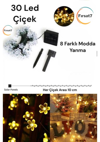 7metre 30 LED Çiçek Solar Lamba Güneş Enerjili Sarı Işık Iç ve Dış Mekan Bahçe Aydınlatma Solar LED